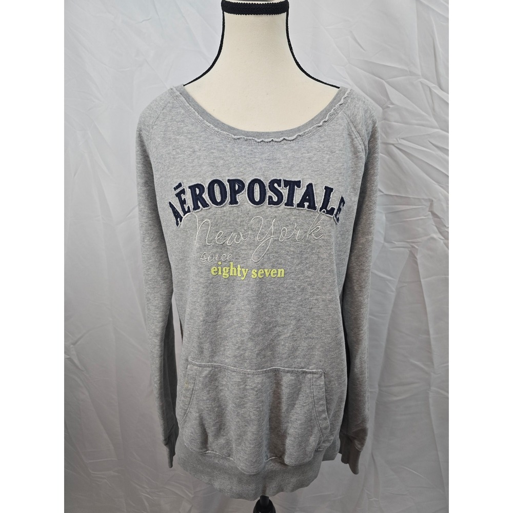 Aeropostale Women Sweatshirt Gray New York Since Eighty Seven Pocket Pullover XL